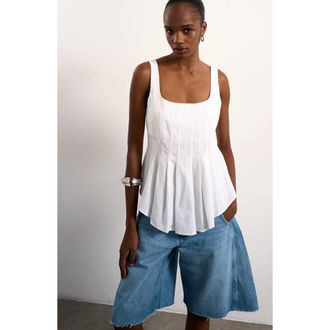 Topshop Pleated Curve Hem Linen Blend Top in Ivory at Nordstrom, Size 10 Us