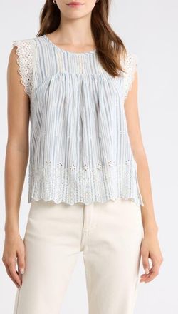 Lucky Brand Lace & Embroidery Detail Stripe Cotton & Linen Top in Blue Stripe at Nordstrom, Size X-Small