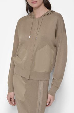 DKNY Mixed Media Hoodie in Taupe at Nordstrom, Size Large