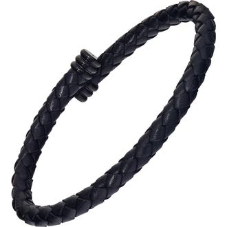 Link Up Flexible Braided Leather Bracelet With Stainless Steel End Caps in Black at Nordstrom