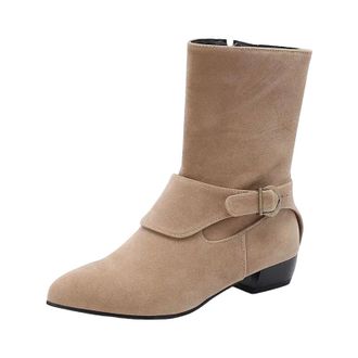 Generic Womens Leisure Mid Calf Boots Pointed Toe Low Block Heel Slip On With Platform And Decorative Belt Buckle