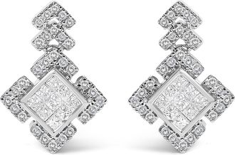 House of Brilliance 10K White Gold 3/5 Cttw Princess Diamond Geometric Drop Earrings