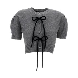 Simone Rocha Cashmere Knitwear, female, Gray, Size: XS Bow Ribbed Cashmere Cardigan