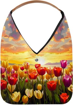 Generic Sunset Tulip Floral Landscape Reusable Lightweight Grocery Bags - Foldable Into Compact Pouch, Washable & Sturdy, Multipurpose for Shopping and Travel