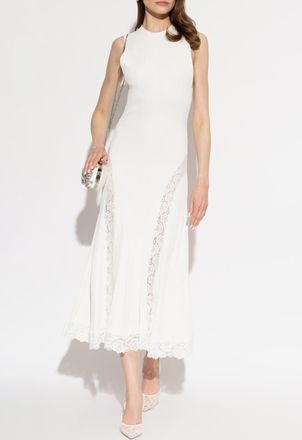 Self Portrait Ribbed Dress With Lace Inserts, Womens, White