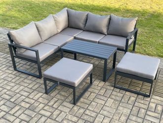 Fimous Aluminium Outdoor Garden Furniture Set Lounge Sofa Coffee Table Sets with 2 Big Footstool Indoor Conservatory Set Dark Grey