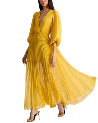 Alice & Olivia Alice + Olivia Nya Deep V Hi Slit Pleated Maxi Dress