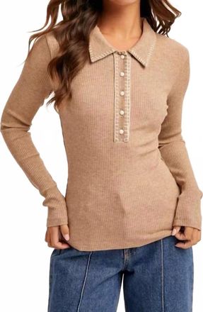 Hem & Thread Stitch Collar Button Down Rib Top In Beige