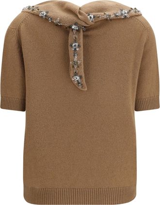 Prada Womens Cashmere Sweater With Jewel Scarf Camel Sweatshirts