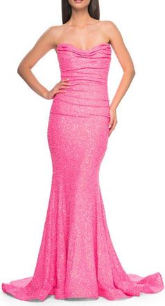 La Femme Strapless Sweetheart Mermaid Sequin Prom Gown in Neon Pink at Nordstrom, Size 10