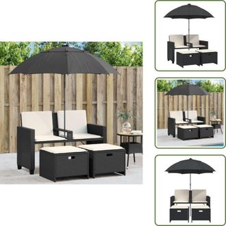 vidaXL Rattan PE - vidaXL Divano Giardino 2 Posti Ombrellone e Sgabelli Nero Polyrattan - Acciaio verniciato