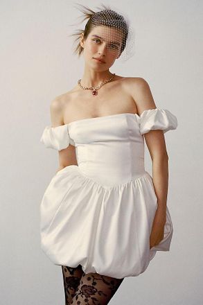 BHLDN Satin Off-Shoulder Bubble-Hem Mini Dress