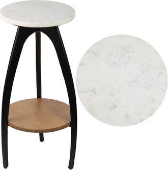 Jonathan Y Designs Ollie 24.5 Designer Farmhouse Metal Tripod Drink Table and Decorative End Table with White Marble Round Top and Wood Undershelf in