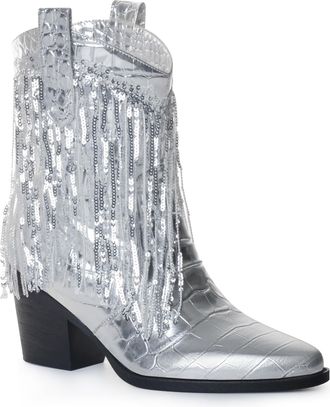 Ann Creek Womens Western Tassel Cowboys Boots Ankle Boots for Womens Cowgirls Ankle Booties Fringe Pull on Chunky Block Heel, Silver, 7.5 UK