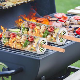 OEM Juego De 2 Cestas Para Parrilla Con Ruedas Y Asas De Madera, Cesta Cil&iacute;ndrica De Acero Inoxidable, Accesorios Para Asar A La Parrilla Para Picnics Y B