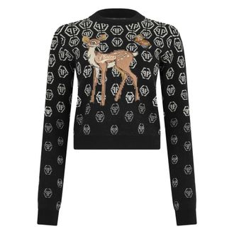 Philipp Plein Truien & Vesten, Dames, Zwart, M, Katoen, Rondhalspullover met Fee&euml;n Borduurwerk Monogram