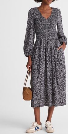 Madewell Floral Smock V-Neck Cotton Blend Midi Dress in Classic Navy at Nordstrom, Size Xx-Small