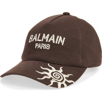Balmain Paris Embroidered Cotton Twill Baseball Cap in White Brown/Beige at Nordstrom