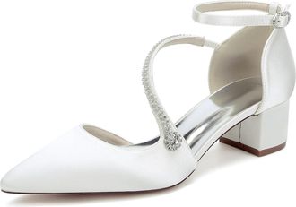 Generic Bridal Shoes Womens Rhinestone Wedding Prom Pumps Satin Pointed Toe Ankle Strap Bridesmaid Chunky Heels Shoes4.5Cm,Ivory,10 UK