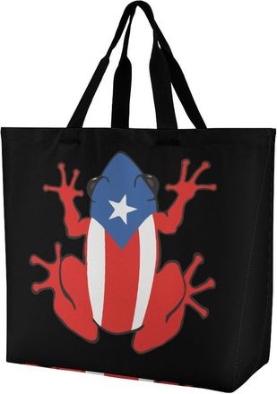 Generic Puertorican Frog Flag Reusable Grocery Bag Large Capacity Foldable Shopping Tote with Inner Pocket