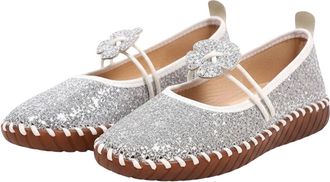 Generic Size 6.5 Ladies Glitter Flower Wedding Mary Jane Ballet Flats with Strap Sequins Dress Shoes for Women Silver Trendy Footwear