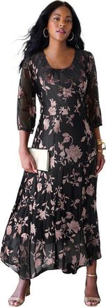 Roaman's Plus Size Velvet 3/4 Sleeve Burnout Overlay Dress With Sheer Sleeves in Black Rose Floral at Nordstrom, Size 32