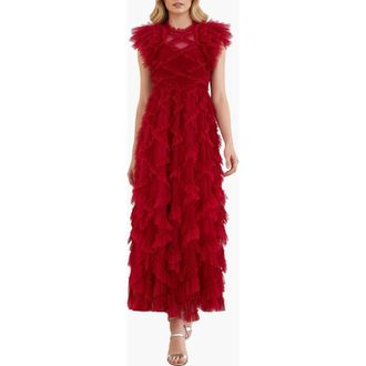 Needle & Thread Genevieve Ruffle Short Sleeve Maxi Gown in Deep Red/fuchsia at Nordstrom, Size 10