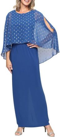 S.L. Fashions Foil Print Chiffon & Matte Jersey Column Gown in Dark Blue at Nordstrom, Size 12