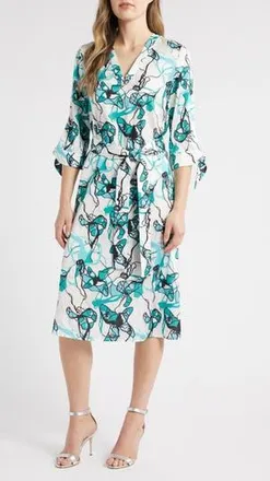 Ming Wang Abstract Print Tie Waist A-Line Midi Dress in Emerald Awe Multi at Nordstrom Rack, Size X-Large