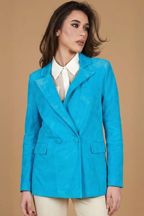 D'Arienzo Blazer doppiopetto in pelle camoscio turchese chiusura bottone DArienzo, Seleziona Taglia S, Colore Turchese