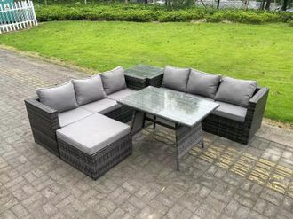 Fimous 7 Seater Rattan Garden Dining Set Outdoor Furniture Sofa with Dining Table Big Footstool Side Table in Dark Grey