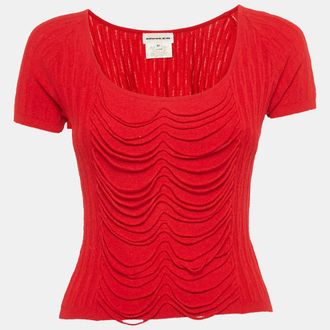MUGLER Red Rib Knit Short Sleeve Top M