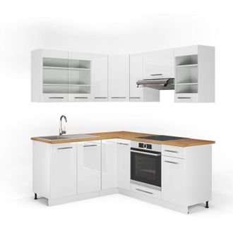 Vicco Cocina Esquinera Fame-line, Blanco Alto Brillo/blanco, 160 X 190 Cm, Et Roble, Vicco