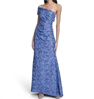 Eliza J One-Shoulder Side Tucks Long Dress In Blue
