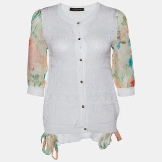 Roberto Cavalli White Perforated Knit & Printed Silk Sleeve Cardigan