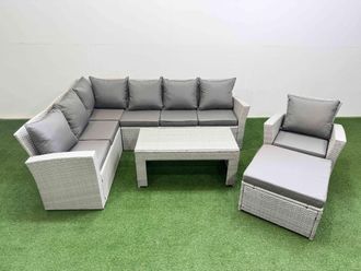 Fimous Outdoor 8 Seater Corner Sofa Sets with Chair Big Stool Light Grey