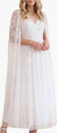 Needle & Thread Freesia Shimmer Cape Sleeve Ankle Gown in Swan White/pink at Nordstrom, Size 18