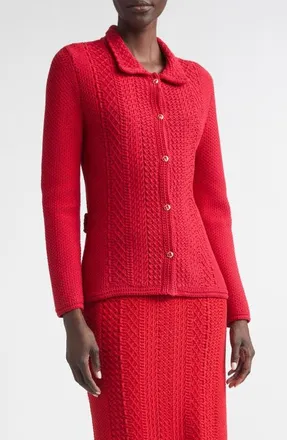 St. John Cotton Blend Mixed Stitch Sweater Jacket in Scarlet at Nordstrom, Size X-Large