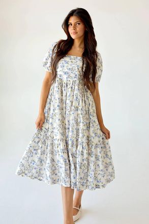 Hem & Thread Fioretta Floral Cotton Midi Dress With Bubble Sleeves In White/blue