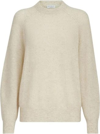 Brunello Cucinelli Diamond Yarn English Rib Sweater - Dames - Ronde hals truien - Beige - XS - Katoen - Truien & Vesten