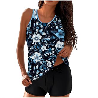 Generic 2 Piece Womens Tankini Sets with Shorts Two Piece Swimsuits Boyleg Summer Tummy Control Swimwear Vintage Floral Print Swim Tank Tops High Waist Trunks