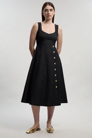 Karen Millen Womens Tailored Denim Sleeveless Full Skirted Midi Dress - Indigo Blue Cotton - Size 10 UK