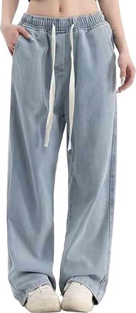 Generic FNKDOR Drawstring Wide Leg Jeans for Women UK Y2K Boyfriends Elasticated High Waisted Baggy Jeans Ladies Comfy Lounge Pull On Streetwear Stretch Denim