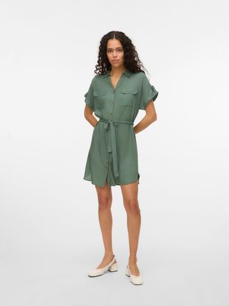 Vero Moda Hemdblusenkleid VERO MODA VMBUMPY SS SHORT SHIRT DRESS WVN GA NOOS, Damen, Gr. L, N-Gr, gr&uuml;n (laurel wreath), Web, Obermaterial: 100% Viskose, unifarb