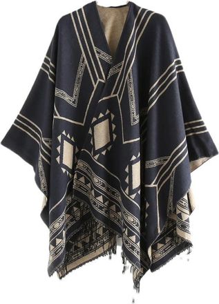 Generic Women Knit Poncho Indian Nepalese Style Geometric Tassel Split Shawl Warm Printed Capes 4 One Size