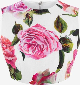 Dolce & Gabbana Bauchfreies &auml;rmelloses Jacquard-Top mit Rosenprint