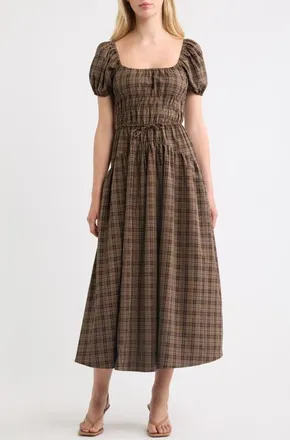 Moon River Sweetheart Neck Puff Sleeve Midi Dress in Mocha Multi at Nordstrom, Size X-Large