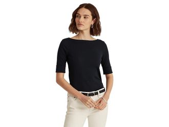Lauren Ralph Lauren Stretch Cotton Boatneck Top Womens T Shirt Lauren Navy : LG, Cotton/Elastane