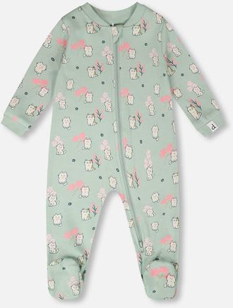 Deux par Deux Organic Cotton Kitten Print One-Piece Pyjama in Green Kitten Print at Nordstrom, Size 24M