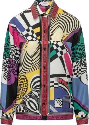 Versace Multi Silk Geometric Print Long-Sleeve Shirt